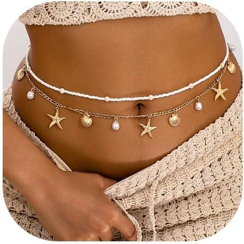 سلسلة خصر نجم البحر الذهبية للنساء قطعتين سلسلة بطن ذات طبقات قابلة للتعديل، سلسلة بوهيمية مطرزة بالخرز للشاطئ، مهرجان الصيف، العطلات وإكسسوارات بوهو in Kuwait