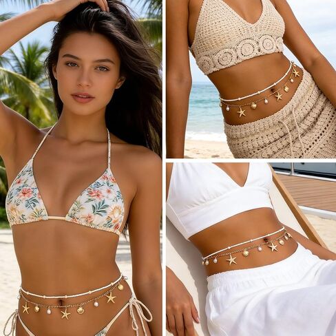 سلسلة خصر نجم البحر الذهبية للنساء قطعتين سلسلة بطن ذات طبقات قابلة للتعديل، سلسلة بوهيمية مطرزة بالخرز للشاطئ، مهرجان الصيف، العطلات وإكسسوارات بوهو in Kuwait