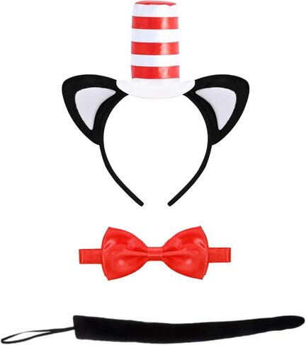 Kavoc 3 Pcs Cat Costume Set Include Red And White Hat Headwear Bowtie and Tail for World Book Day Dress Up in Saudi Arabia