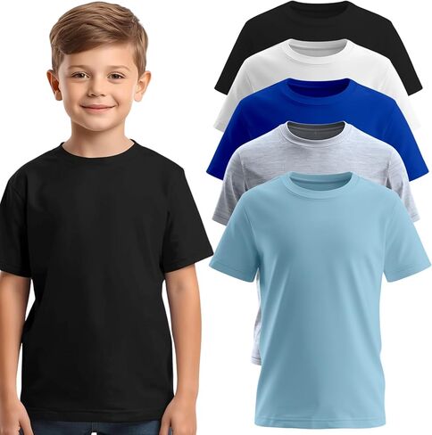 BROOKLYN VERTICAL Boys 5‑Pack Short Sleeve T‑Shirts – 100% Pre‑Shrunk Cotton, Crew Neck, Regular Fit in Saudi Arabia