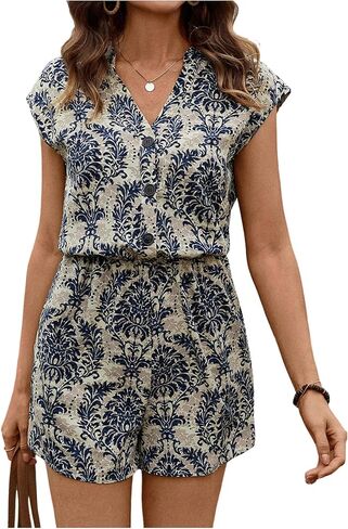 SweatyRocks Women's Summer Boho Romper Button Front Cap Sleeve V Neck Printed Shorts Jumpsuit in Saudi Arabia