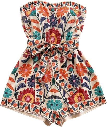 SweatyRocks Women's Boho Floral Print Strapless Romper Sleeveless Belted Shorts Jumpsuit in Saudi Arabia