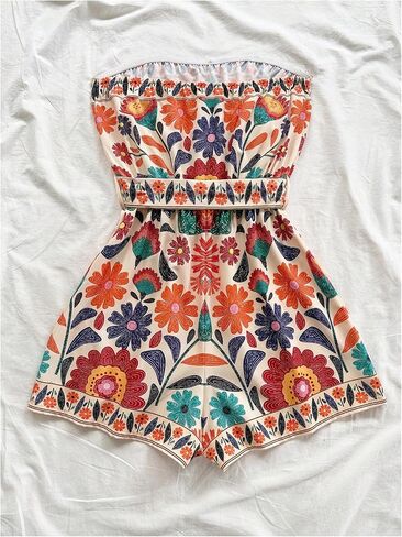 SweatyRocks Women's Boho Floral Print Strapless Romper Sleeveless Belted Shorts Jumpsuit in Saudi Arabia