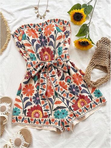 SweatyRocks Women's Boho Floral Print Strapless Romper Sleeveless Belted Shorts Jumpsuit in Saudi Arabia