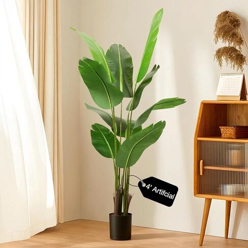 نبات طائر الجنة الاصطناعي بطول 4 أقدام، شجرة استوائية صناعية نابضة بالحياة مع 10 أوراق موز مورقة، نباتات صناعية طويلة داخلية لتزيين غرفة المعيشة وغرفة النوم، وعاء أسود (4 أقدام) in Kuwait