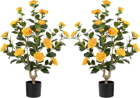 عبوتان من شجرة الكاميليا الاصطناعية، شجرة نباتات زهور اصطناعية مقاس 81.28 سم، شجرة زهور مزهرة مزهرة، خضرة واقعية بطول 3 أقدام مع أواني سوداء للمكتب الداخلي والخارجي وديكور المنزل (برتقالي) in Kuwait