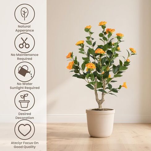 عبوتان من شجرة الكاميليا الاصطناعية، شجرة نباتات زهور اصطناعية مقاس 81.28 سم، شجرة زهور مزهرة مزهرة، خضرة واقعية بطول 3 أقدام مع أواني سوداء للمكتب الداخلي والخارجي وديكور المنزل (برتقالي) in Kuwait