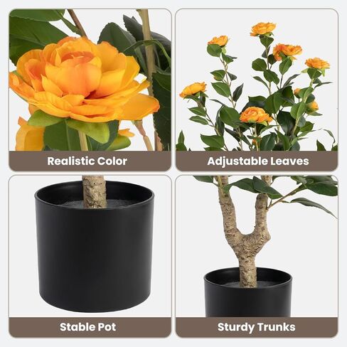عبوتان من شجرة الكاميليا الاصطناعية، شجرة نباتات زهور اصطناعية مقاس 81.28 سم، شجرة زهور مزهرة مزهرة، خضرة واقعية بطول 3 أقدام مع أواني سوداء للمكتب الداخلي والخارجي وديكور المنزل (برتقالي) in Kuwait