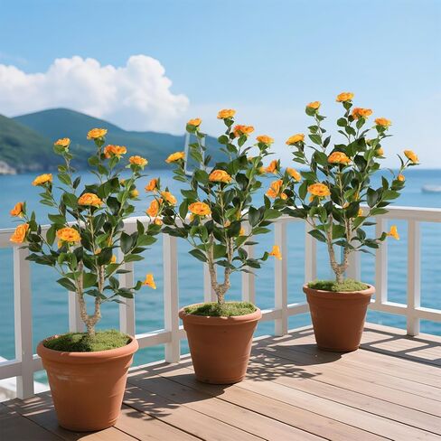 عبوتان من شجرة الكاميليا الاصطناعية، شجرة نباتات زهور اصطناعية مقاس 81.28 سم، شجرة زهور مزهرة مزهرة، خضرة واقعية بطول 3 أقدام مع أواني سوداء للمكتب الداخلي والخارجي وديكور المنزل (برتقالي) in Kuwait