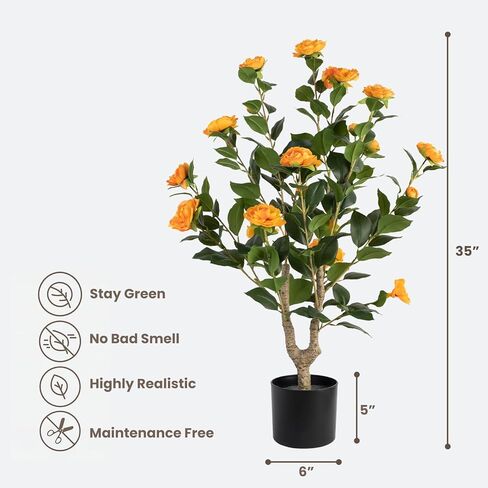 عبوتان من شجرة الكاميليا الاصطناعية، شجرة نباتات زهور اصطناعية مقاس 81.28 سم، شجرة زهور مزهرة مزهرة، خضرة واقعية بطول 3 أقدام مع أواني سوداء للمكتب الداخلي والخارجي وديكور المنزل (برتقالي) in Kuwait