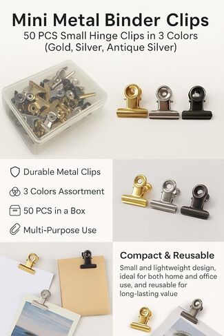 LLY مشابك معدنية صغيرة بمفصلات 50 قطعة مع صندوق - 21.5 مم × 22.6 مم، 3 ألوان مختلطة (ذهبي، فضي، مضاد للفضي)، مشابك ورق معدنية للمكتب، الصور، الحرف الورقية، سجل القصاصات، ديكورات DIY in Kuwait