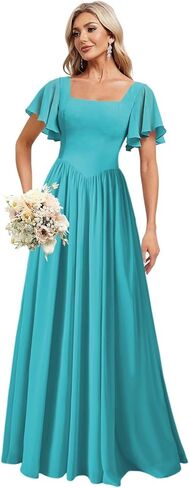 فساتين وصيفة الشرف شيفون للنساء طويلة مع فتحة وأكمام قصيرة مطوي رداء حفلات رسمي ZU093 in Kuwait