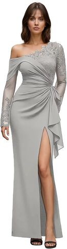 One Shoulder Mermaid Mother of The Bride Dresses Long Sleeves Lace Appliques Formal Evening Gowns with Slit CH122 in Saudi Arabia