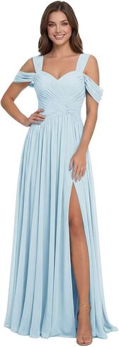 فساتين وصيفة الشرف شيفون مكشوفة الكتف للنساء فستان رسمي طويل مع شق مطوي فستان زفاف الضيوف L04019 in Kuwait