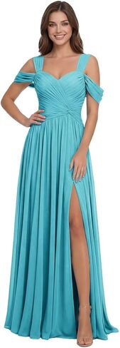 Off The Shoulder Chiffon Bridesmaid Dresses for Women Long Formal Dress with Slit Pleated Wedding Guest Gown L04019 in Saudi Arabia