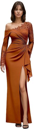One Shoulder Mermaid Mother of The Bride Dresses Long Sleeves Lace Appliques Formal Evening Gowns with Slit CH122 in Saudi Arabia