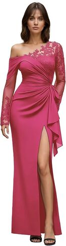 One Shoulder Mermaid Mother of The Bride Dresses Long Sleeves Lace Appliques Formal Evening Gowns with Slit CH122 in Saudi Arabia