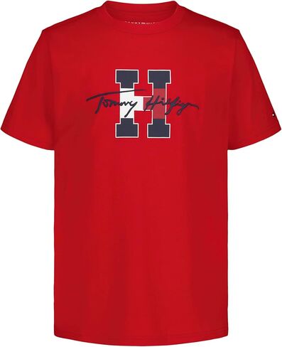 تي شيرت Tommy Hilfiger للأولاد بأكمام قصيرة ورقبة دائرية، ناعم، مريح، مريح، Script H Tommy Red، 8 in Saudi Arabia