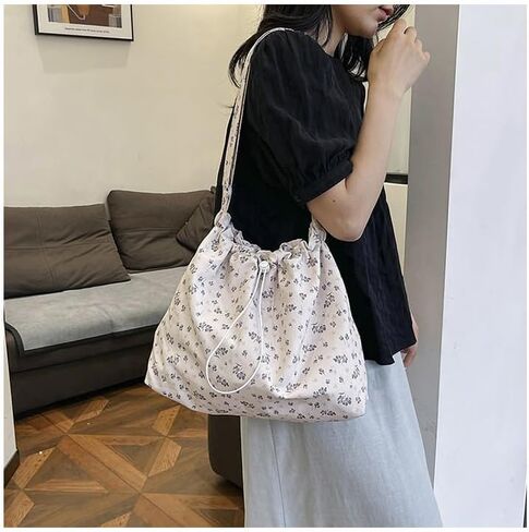 Floral Drawstring Tote, Underarm Shoulder Bag with Textured Detail, Versatile Women's Carryall in Saudi Arabia