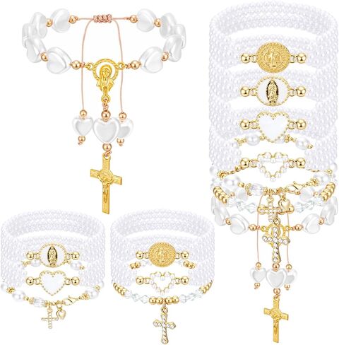 14 Sets First Communion Bracelets Rosary Pearl Bracelet Bulk Mesh Bags Religious Catholic First Communion Jewelry for Christian Baptism Gift Confirmation Party Favor in Saudi Arabia