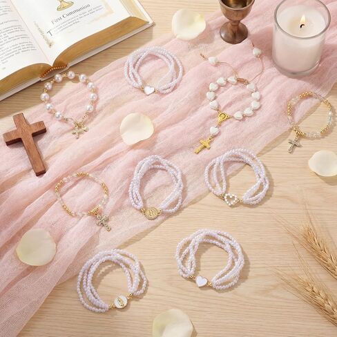 14 Sets First Communion Bracelets Rosary Pearl Bracelet Bulk Mesh Bags Religious Catholic First Communion Jewelry for Christian Baptism Gift Confirmation Party Favor in Saudi Arabia