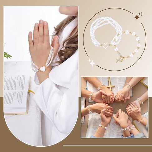 14 Sets First Communion Bracelets Rosary Pearl Bracelet Bulk Mesh Bags Religious Catholic First Communion Jewelry for Christian Baptism Gift Confirmation Party Favor in Saudi Arabia
