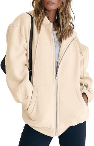 Womens Oversized Zip Up Hoodies Loose Long Sleeve Zipper Hooded Sweatshirt Casual Solid Jackets with Pockets in Saudi Arabia