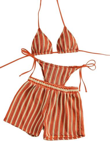 Sexy Halter String Striped Triangle Boyshorts Bikini Sets Bathing Suit 3 Piece in Kuwait