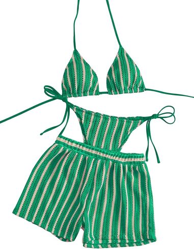 Sexy Halter String Striped Triangle Boyshorts Bikini Sets Bathing Suit 3 Piece in Saudi Arabia