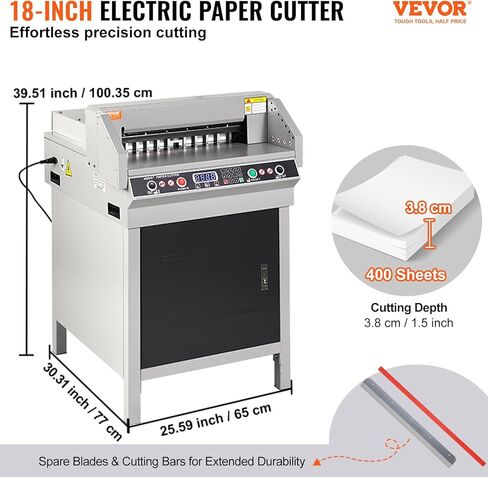 VEVOR Electric Hydraulic Paper Cutter, Heavy Duty Paper Cutter Machine, 1.57 in / 40 mm Cutting Thickness, 18 in / 457.2 mm Cutting Width, Industrial Paper Trimmer with Button Control in Saudi Arabia