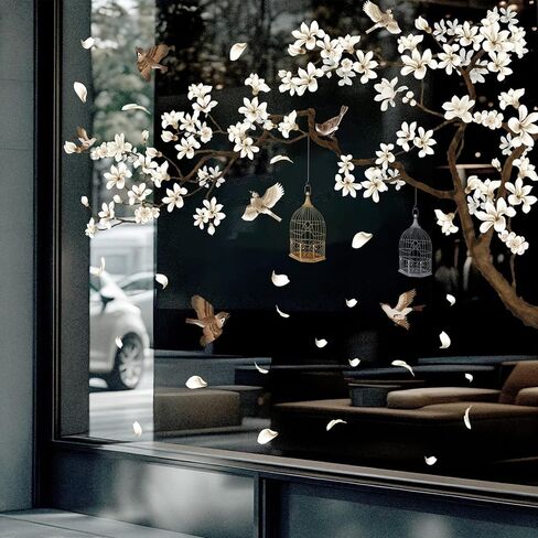 Whaline Spring Cherry Blossom Tree Window Cling Stickers Flower Bird Branch Window Decals Large White Magnolia Floral Reusable Windows Decoration for Party Home Shop Display, 2 Sheets in Saudi Arabia