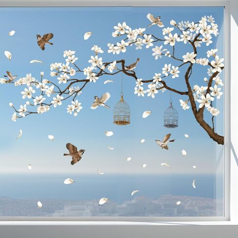Whaline Spring Cherry Blossom Tree Window Cling Stickers Flower Bird Branch Window Decals Large White Magnolia Floral Reusable Windows Decoration for Party Home Shop Display, 2 Sheets in Saudi Arabia