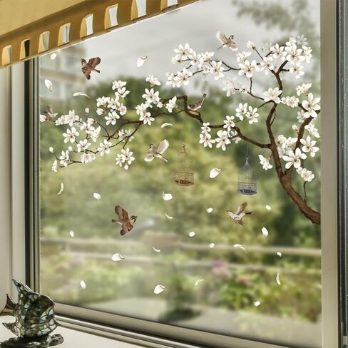 Whaline Spring Cherry Blossom Tree Window Cling Stickers Flower Bird Branch Window Decals Large White Magnolia Floral Reusable Windows Decoration for Party Home Shop Display, 2 Sheets in Saudi Arabia