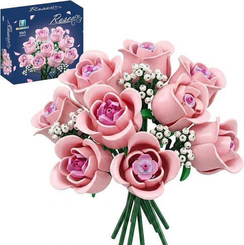 مجموعة بناء باقة زهور وردية متوافقة مع ليغو للبالغين والفتيات، هدية لمحبي عيد الحب، زهور صناعية لديكور المنزل والمكتب in Kuwait