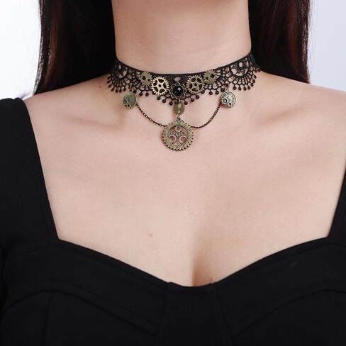 Xerling Black Lace Wrap Choker Steampunk Copper Gear Necklace Women Costume Jewelry for Halloween in Saudi Arabia