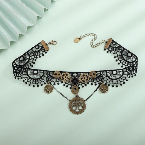 Xerling Black Lace Wrap Choker Steampunk Copper Gear Necklace Women Costume Jewelry for Halloween in Saudi Arabia