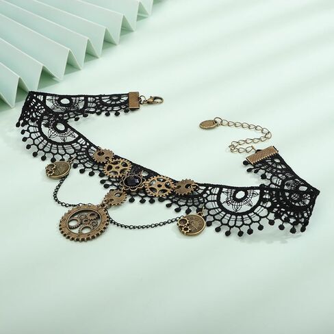 Xerling Black Lace Wrap Choker Steampunk Copper Gear Necklace Women Costume Jewelry for Halloween in Saudi Arabia