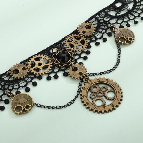 Xerling Black Lace Wrap Choker Steampunk Copper Gear Necklace Women Costume Jewelry for Halloween in Saudi Arabia