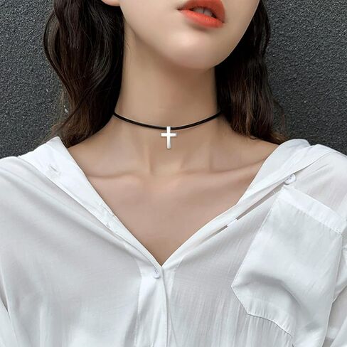 YFN Sterling Silver Cross Choker Necklace Faux Leather Cord Chain Christian Gift For Women,14+2" (Cross Choker) in Saudi Arabia