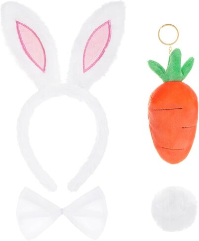 طقم زي أرنب عيد الفصح من 4 قطع، ربطة رأس من القطيفة البيضاء على شكل آذان أرنب وربطة رأس وذيل جزرة للنساء والكبار، مستلزمات الحفلات التنكرية in Kuwait