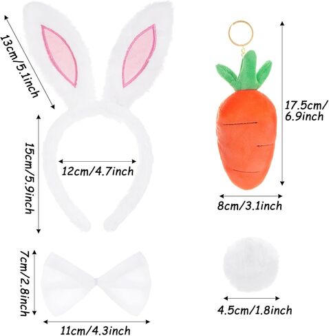 طقم زي أرنب عيد الفصح من 4 قطع، ربطة رأس من القطيفة البيضاء على شكل آذان أرنب وربطة رأس وذيل جزرة للنساء والكبار، مستلزمات الحفلات التنكرية in Kuwait