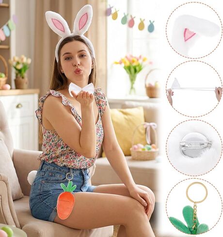 طقم زي أرنب عيد الفصح من 4 قطع، ربطة رأس من القطيفة البيضاء على شكل آذان أرنب وربطة رأس وذيل جزرة للنساء والكبار، مستلزمات الحفلات التنكرية in Kuwait