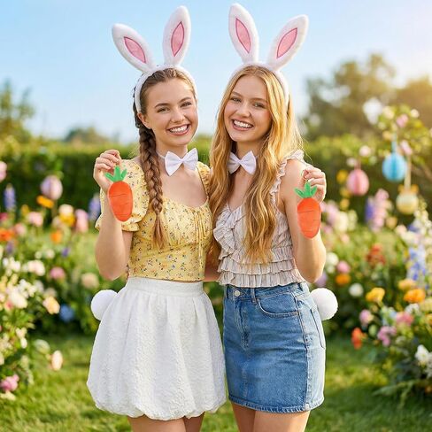 طقم زي أرنب عيد الفصح من 4 قطع، ربطة رأس من القطيفة البيضاء على شكل آذان أرنب وربطة رأس وذيل جزرة للنساء والكبار، مستلزمات الحفلات التنكرية in Kuwait