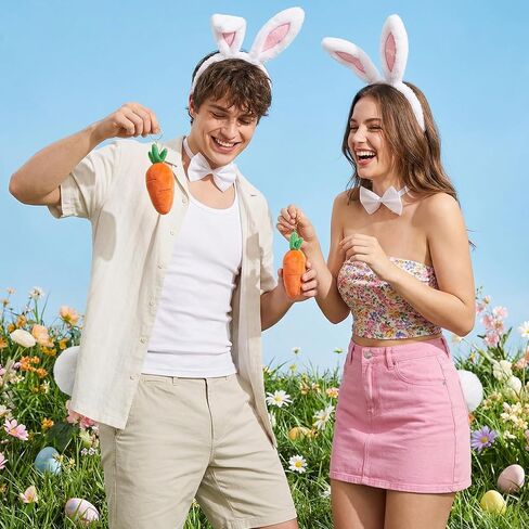 طقم زي أرنب عيد الفصح من 4 قطع، ربطة رأس من القطيفة البيضاء على شكل آذان أرنب وربطة رأس وذيل جزرة للنساء والكبار، مستلزمات الحفلات التنكرية in Kuwait