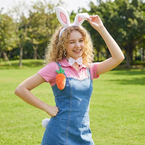 طقم زي أرنب عيد الفصح من 4 قطع، ربطة رأس من القطيفة البيضاء على شكل آذان أرنب وربطة رأس وذيل جزرة للنساء والكبار، مستلزمات الحفلات التنكرية in Kuwait