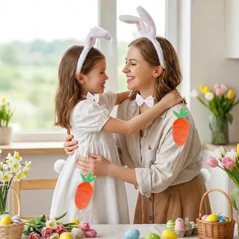 طقم زي أرنب عيد الفصح من 4 قطع، ربطة رأس من القطيفة البيضاء على شكل آذان أرنب وربطة رأس وذيل جزرة للنساء والكبار، مستلزمات الحفلات التنكرية in Kuwait