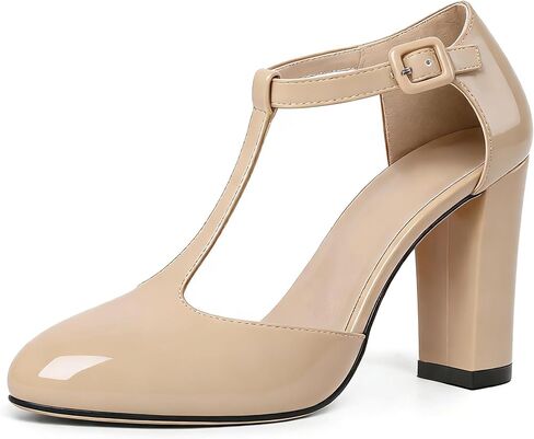 Mettesally Women Chunky Pumps Ankle T Strap Round Toe Block Heel Dress Shoes 3.5 Inches Patent Leather in Saudi Arabia