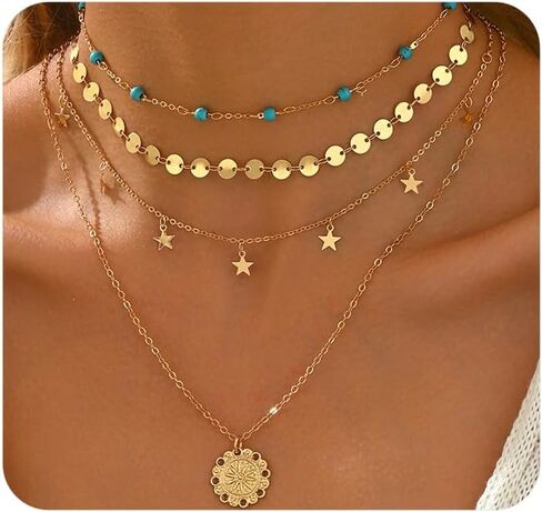 Boho Gold Layered Necklace for Women,Vintage Western Turquoise Choker Necklace,Simple Round Pendant Necklaces Set Beach Jewelry in Kuwait