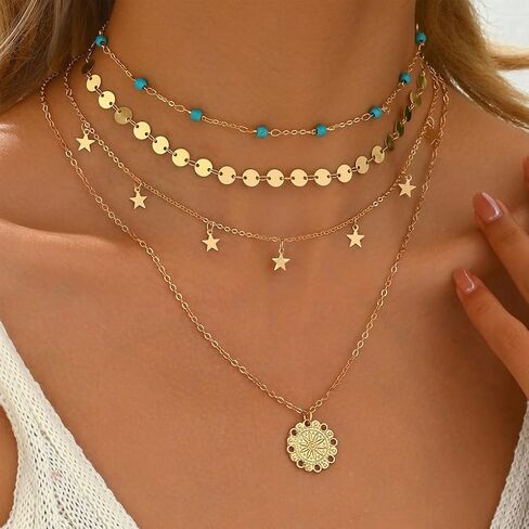 Boho Gold Layered Necklace for Women,Vintage Western Turquoise Choker Necklace,Simple Round Pendant Necklaces Set Beach Jewelry in Kuwait