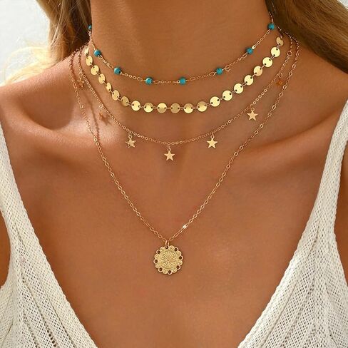 Boho Gold Layered Necklace for Women,Vintage Western Turquoise Choker Necklace,Simple Round Pendant Necklaces Set Beach Jewelry in Kuwait